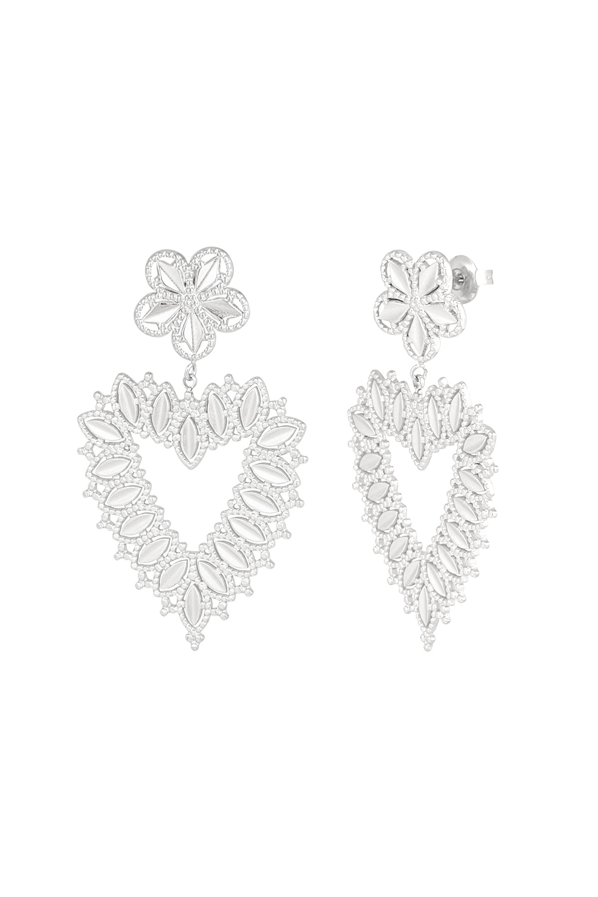 Flower earrings with heart shape pendant - silver h5 