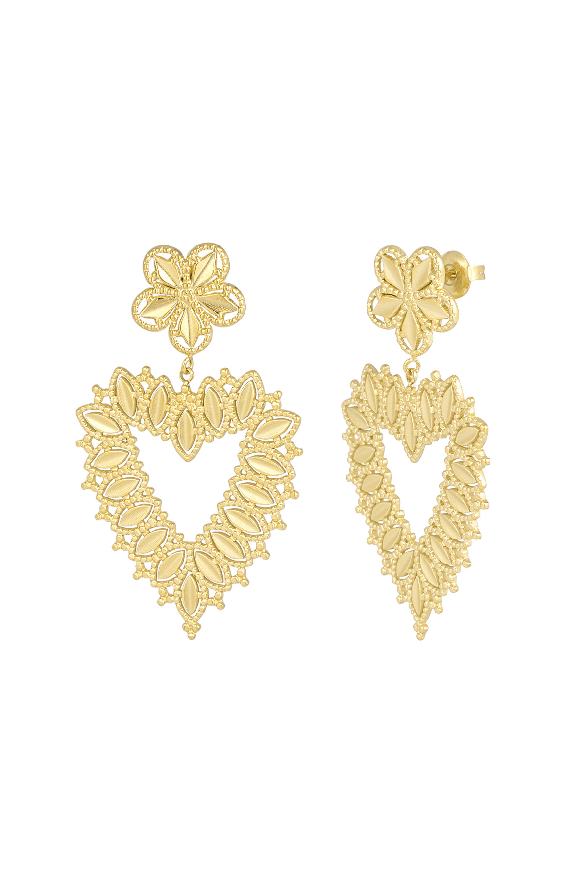 Flower earrings with heart shape pendant - gold