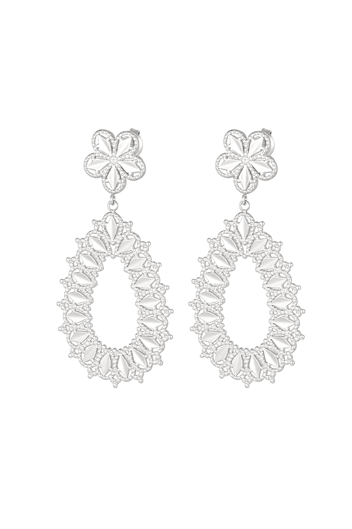 Flower earrings with oval pendant - silver