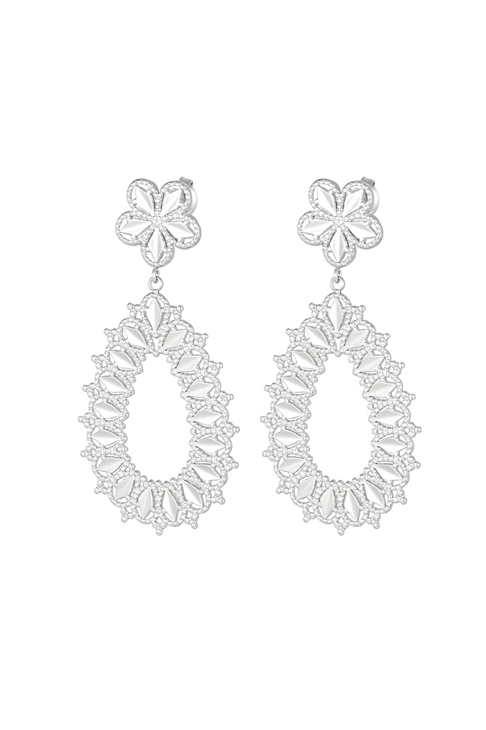 Flower earrings with oval pendant - silver 