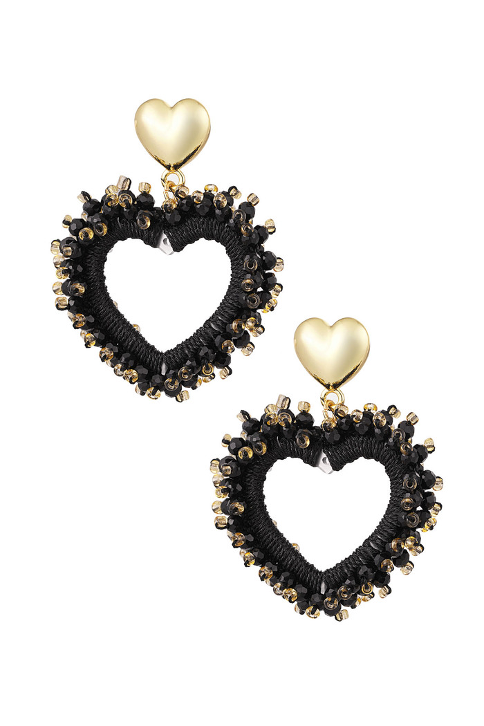 Heart Earrings Black With Crystal - Copper 