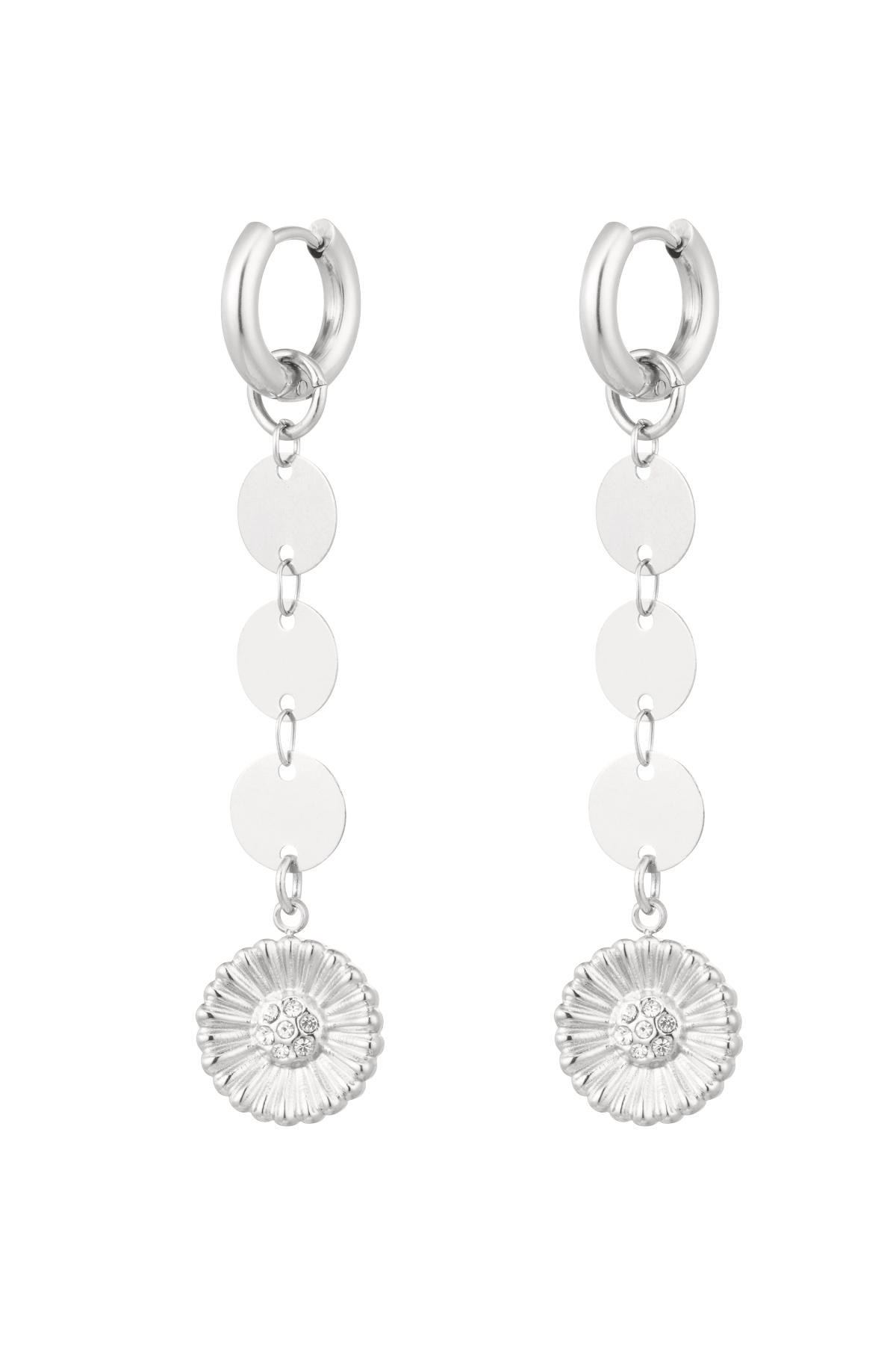 Ohrringe runde Halskette mit Blume - Silber