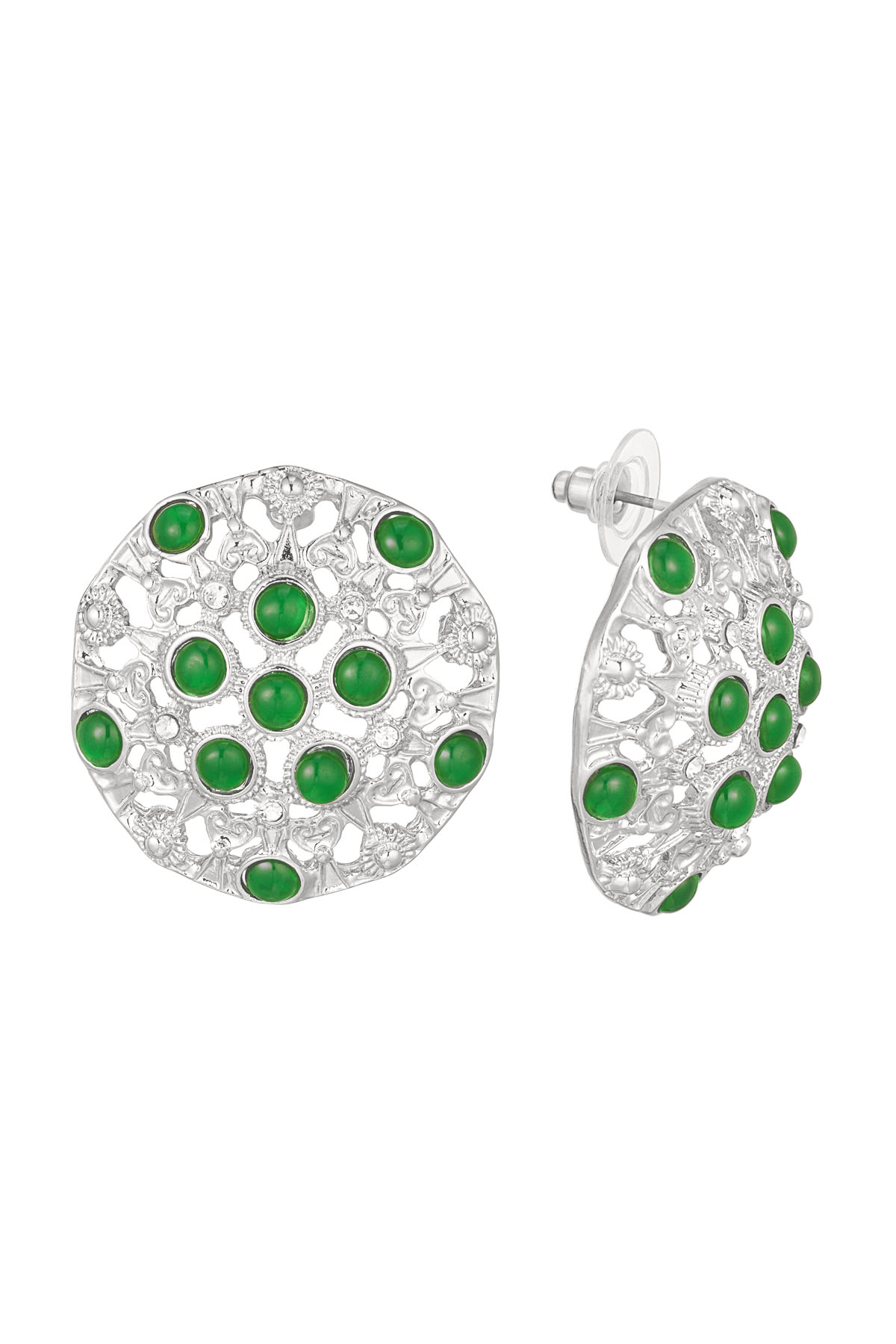 Earrings mandela with green stones - silver