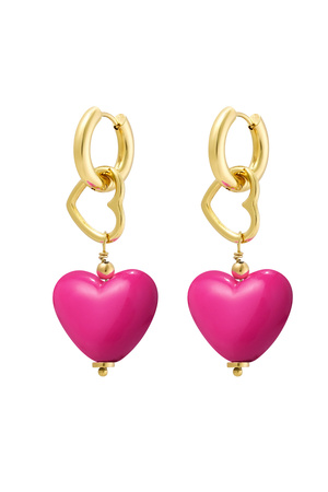 Pendiente doble corazones rosa - oro h5 