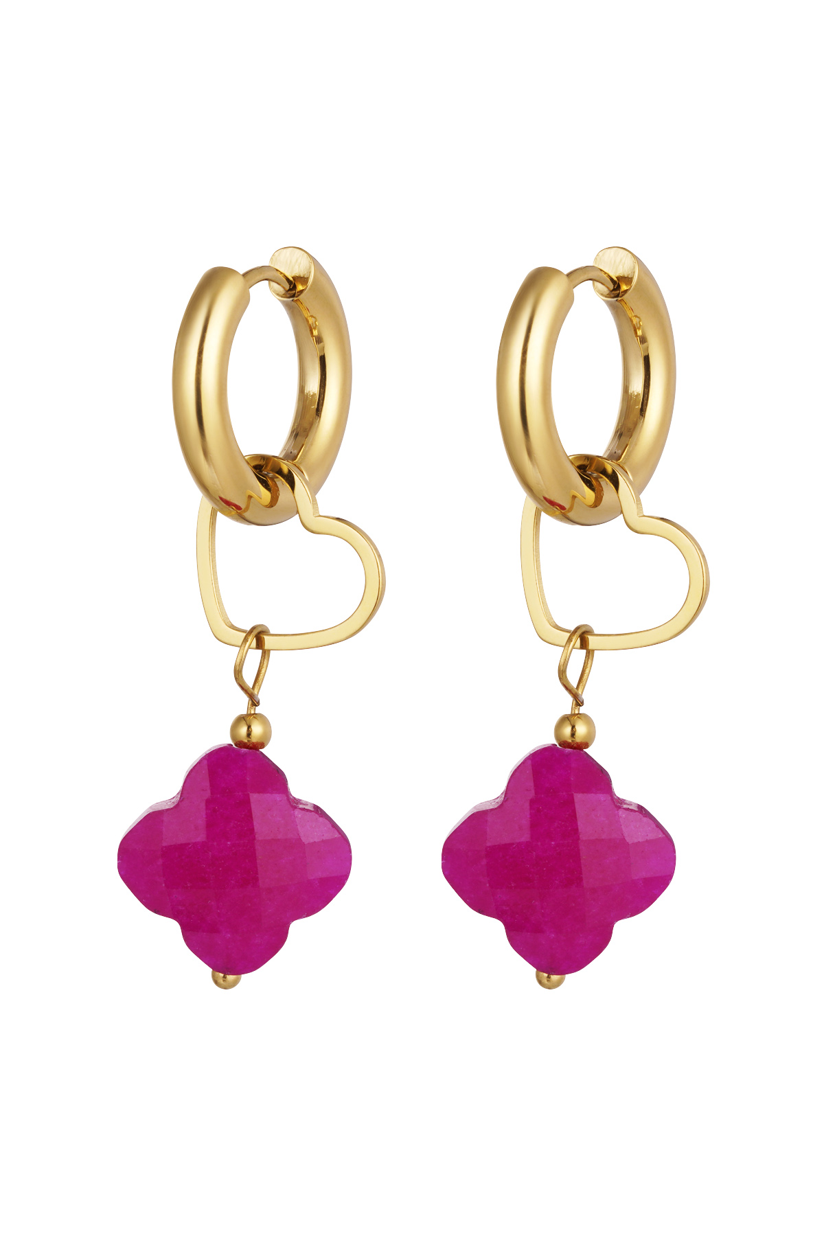 Earrings charm heart with clover - Gold color/fuchsia 2