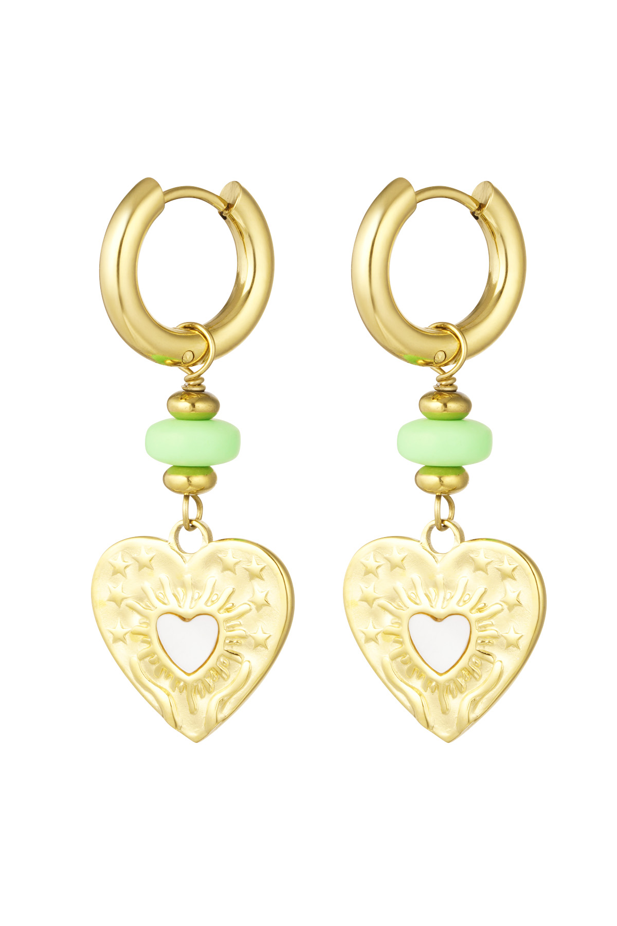 Pendientes corazón moneda con perla verde - Color dorado/verde 2