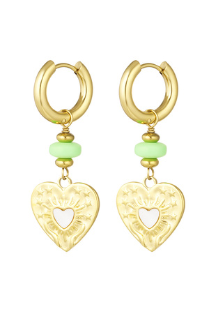 Boucles d'oreilles pièce coeur avec perle verte - or/vert h5 