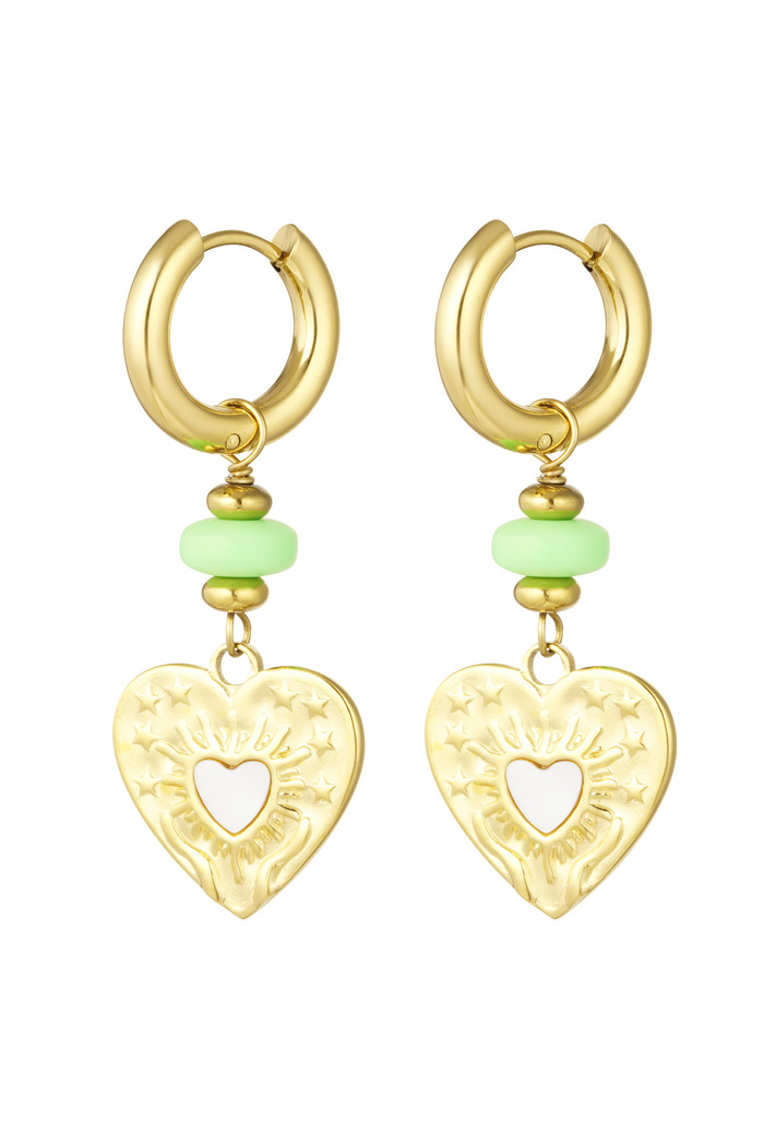 Oorbellen hart coin met groene kraal - goud/groen 