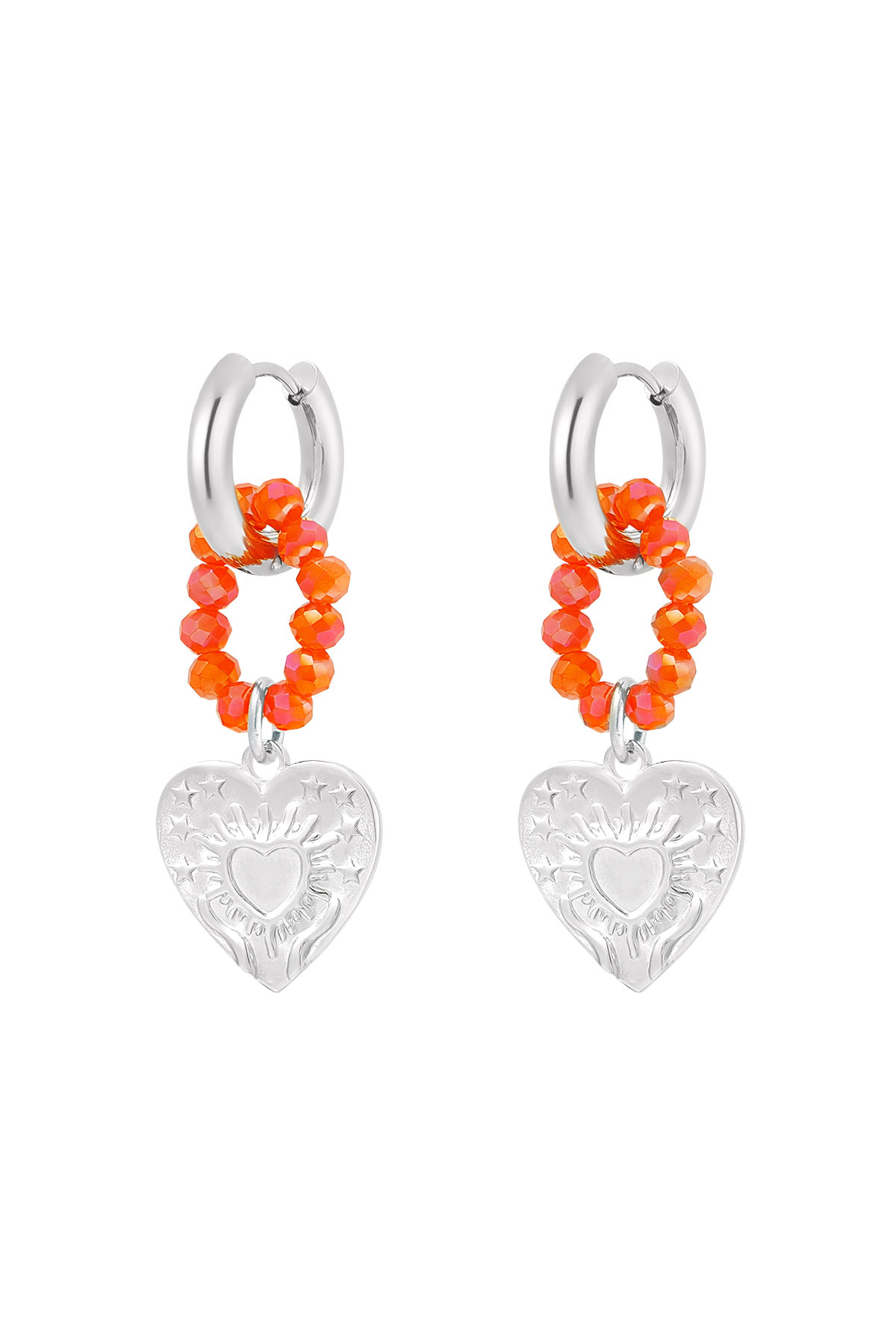 Earring hearts and beads orange - silver h5 