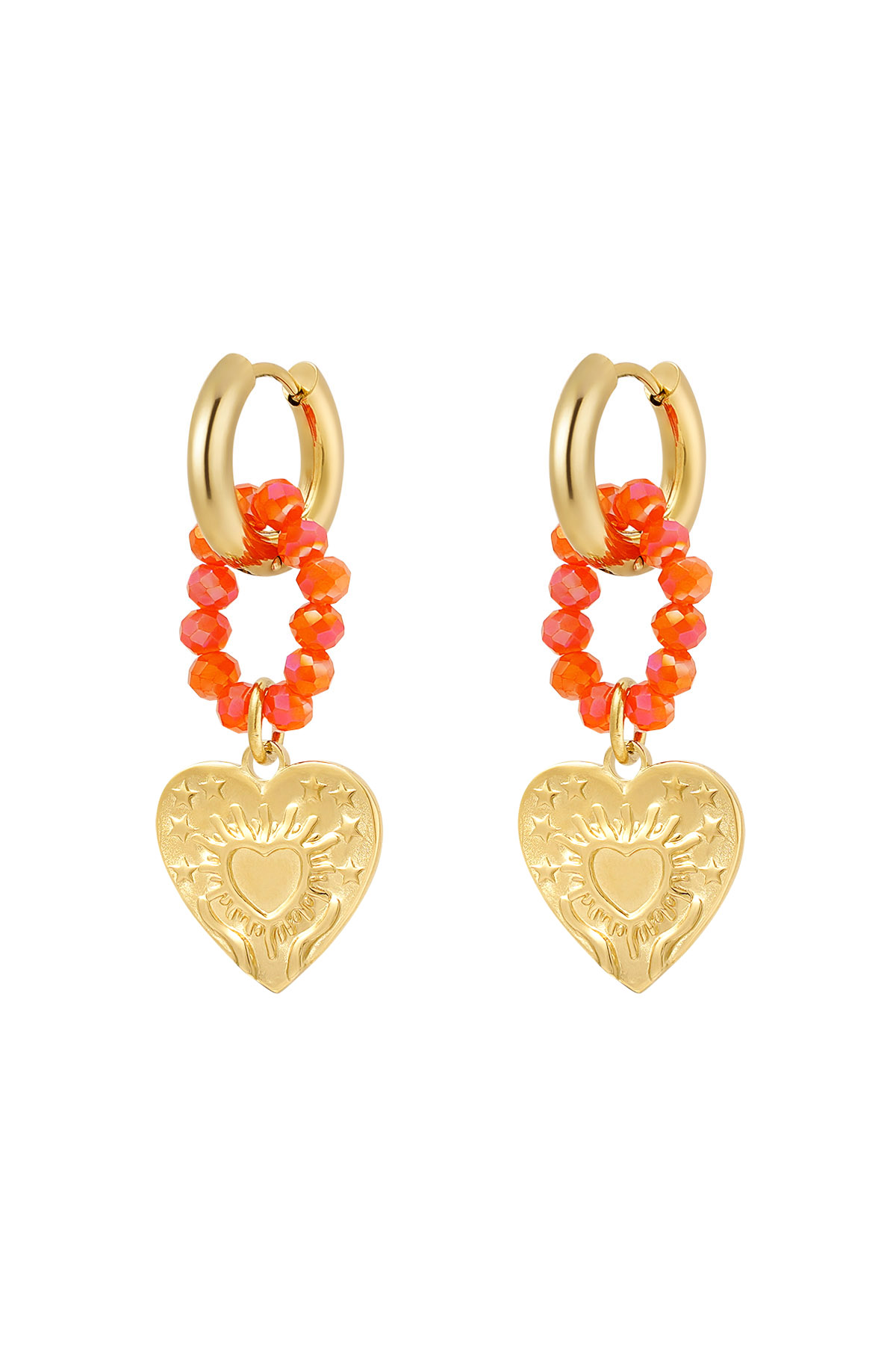 Boucles d'oreilles coeurs et perles orange - or