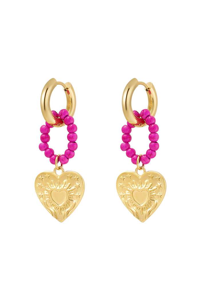 Earring hearts and beads fuchsia - gold 