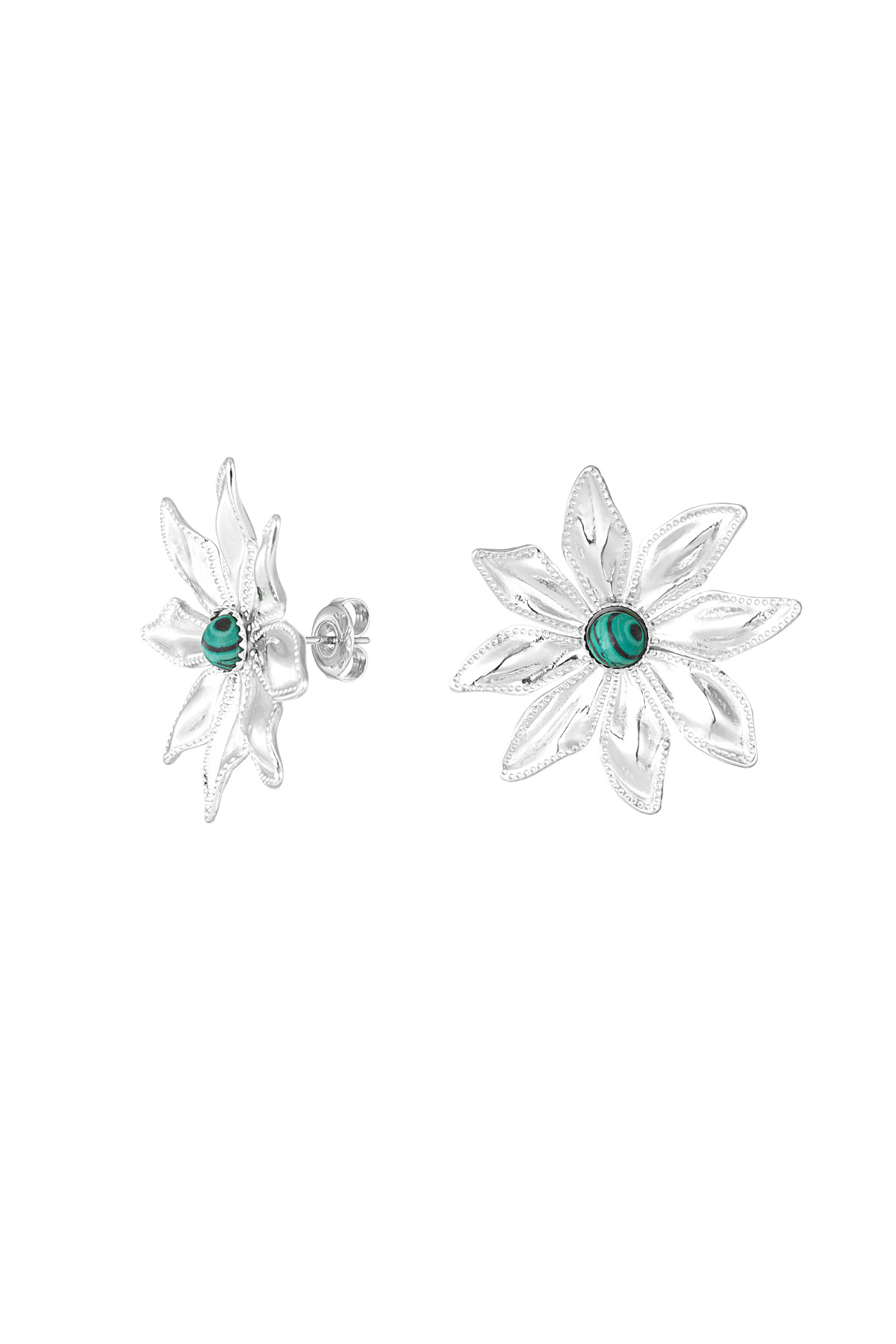Boucles d'oreilles puces fleur avec pierre - argent/vert