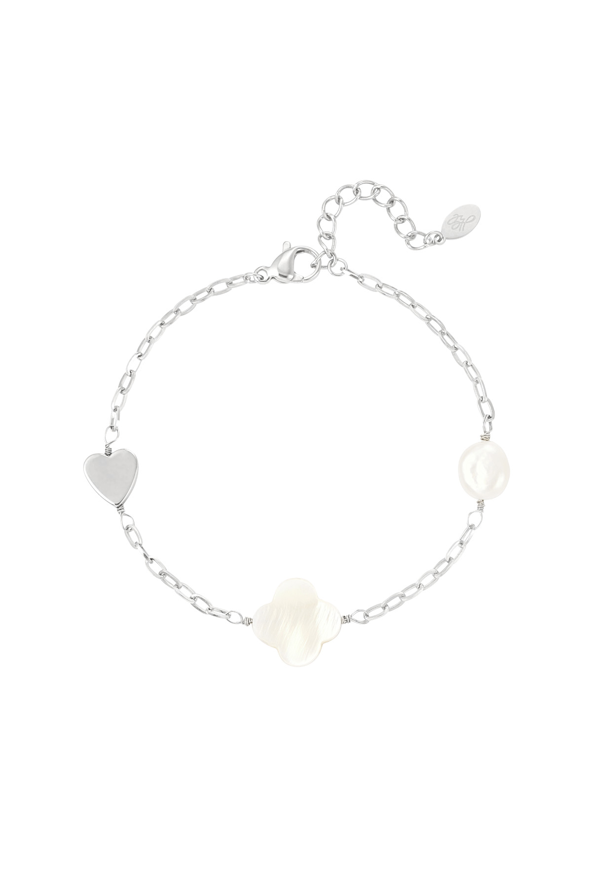 Armband Perle, Herz &amp; Kleeblatt - Silber