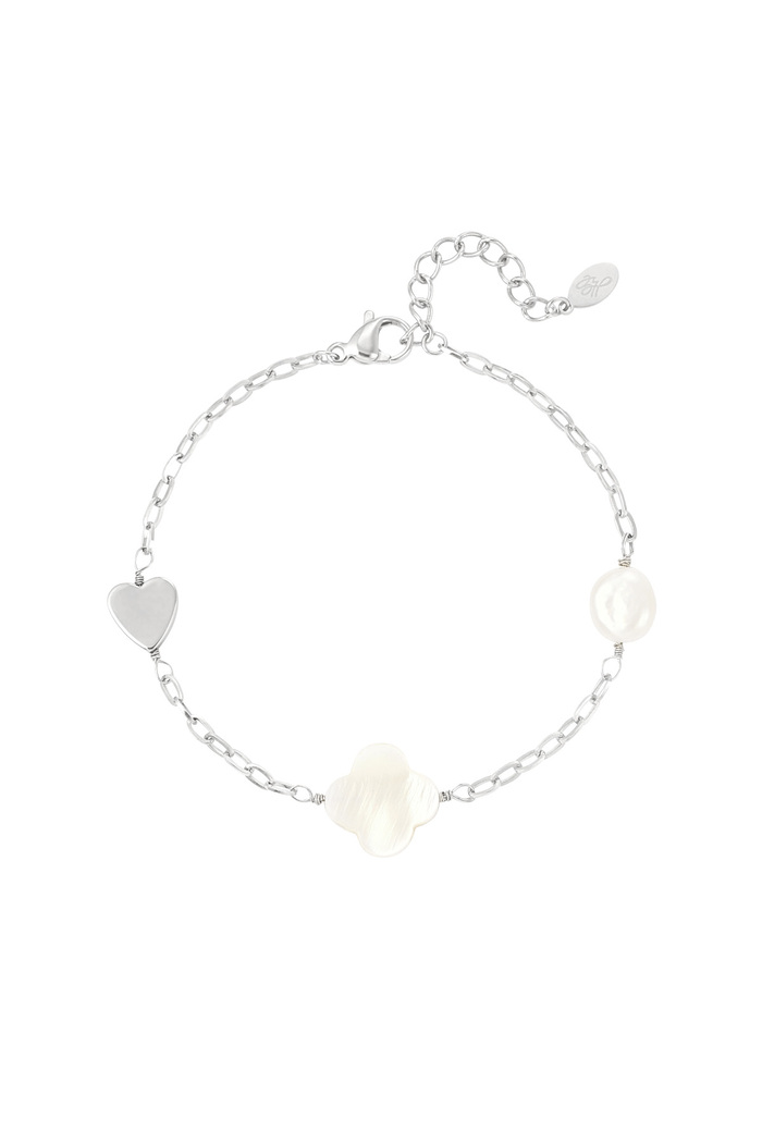 Bracelet pearl, heart & clover - silver 
