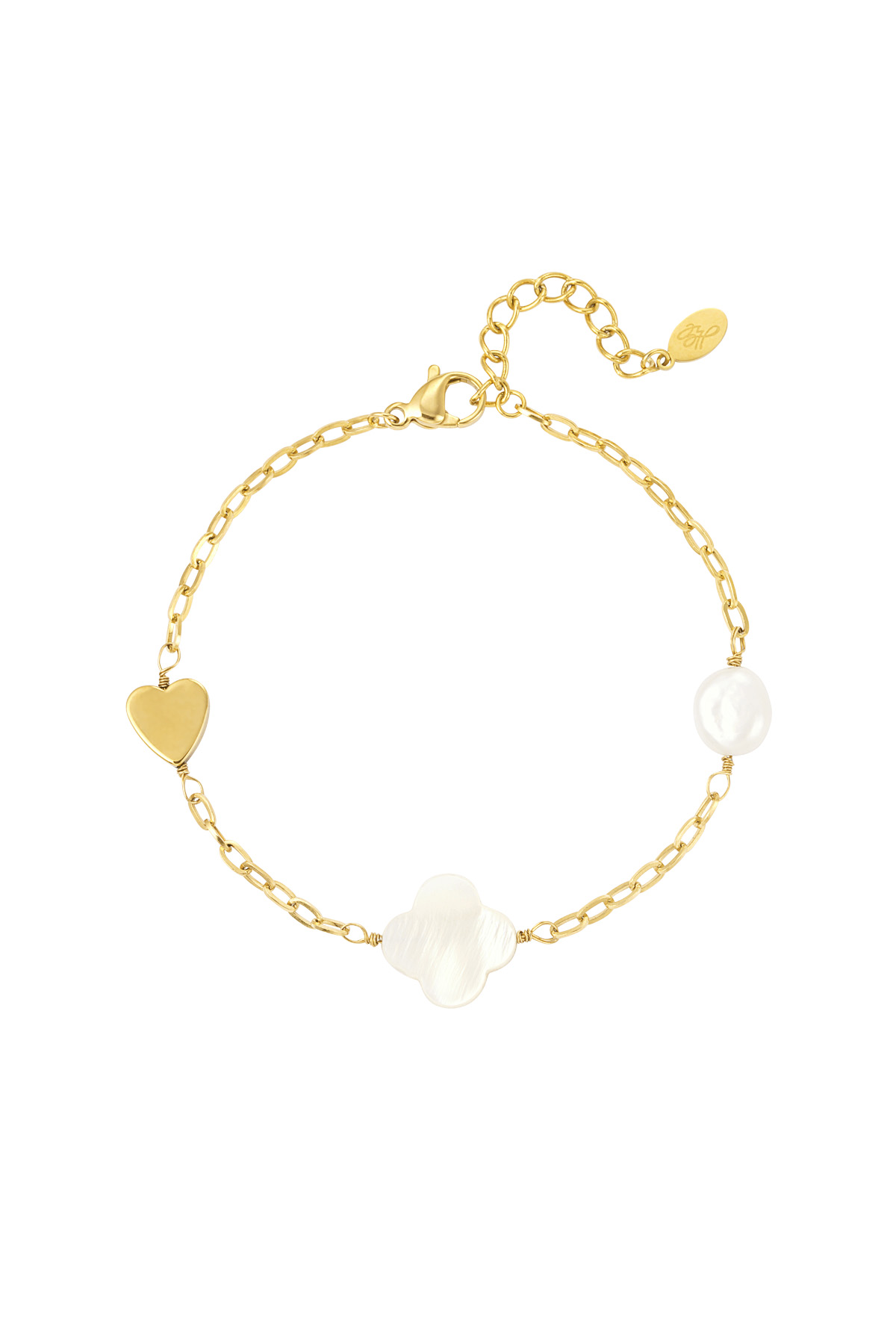 Armband Perle, Herz &amp; Kleeblatt - Gold