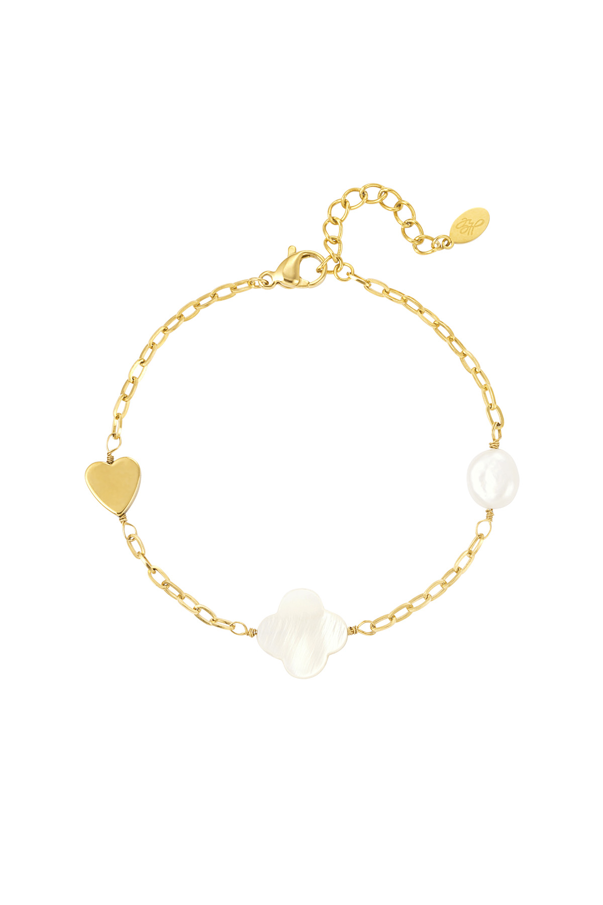 Bracelet pearl, heart & clover - gold h5 