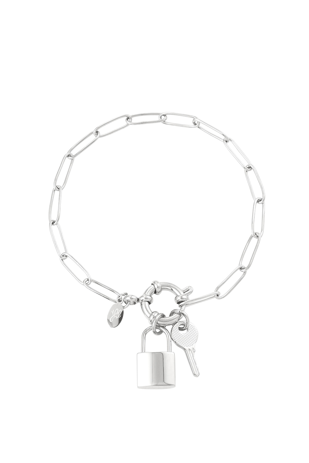 Link bracelet round closure key &amp; lock - silver