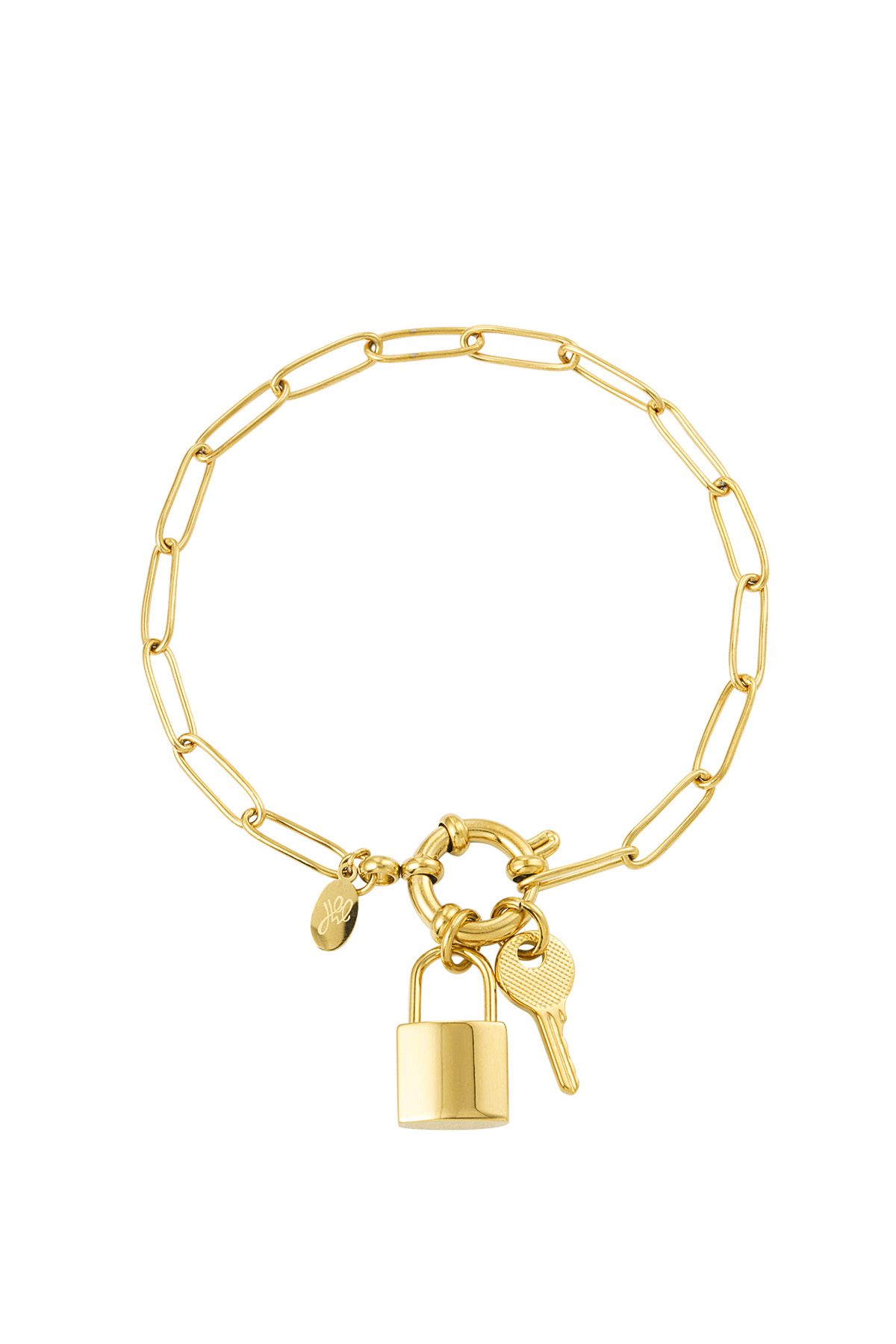 Gliederarmband mit rundem Verschluss, Schlüssel und Schloss – Gold