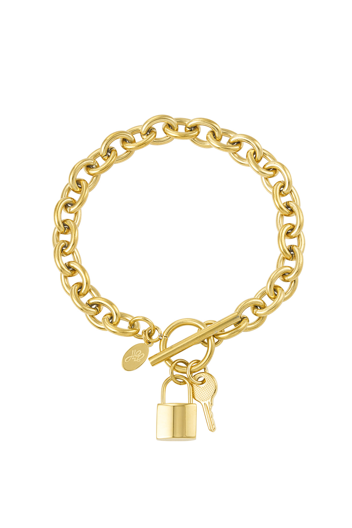 Bracelet gros maillons avec clé &amp; cadenas - or