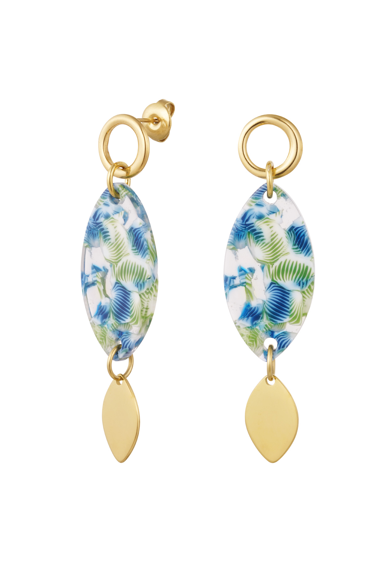 Earrings oval with print blue green - gold