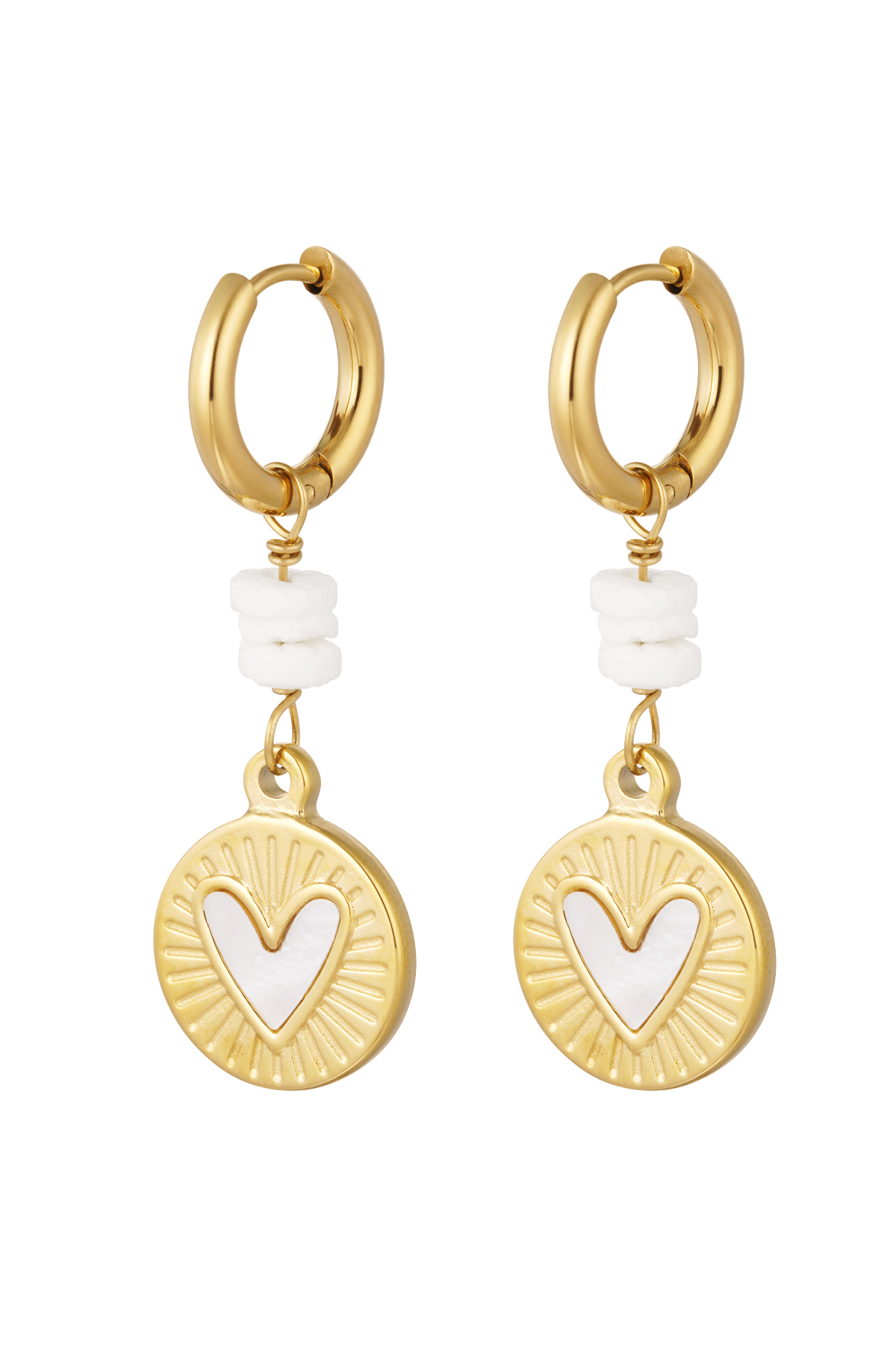 Ohrringe mit hängender Herzmünze - Gold/Weiß