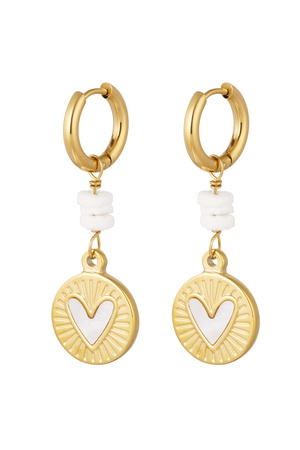 Earrings hanging heart coin - gold/white h5 