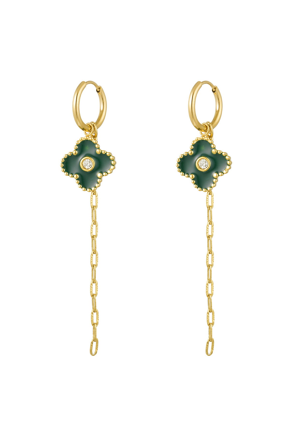 Earring clover with chain green - gold h5 