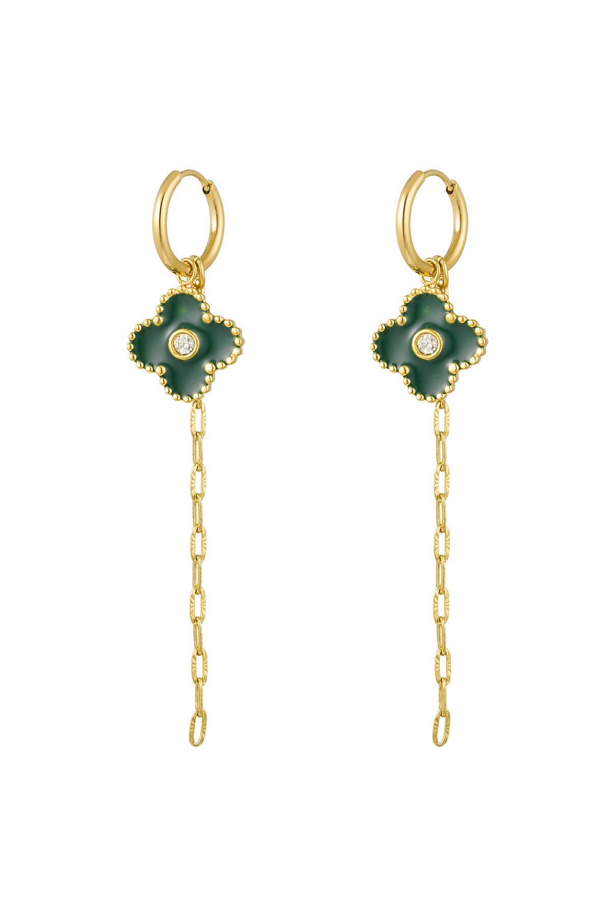 Earring clover with chain green - gold