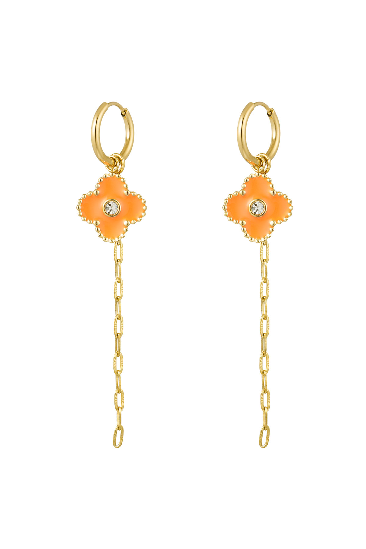 Earring clover with chain orange - Gold color