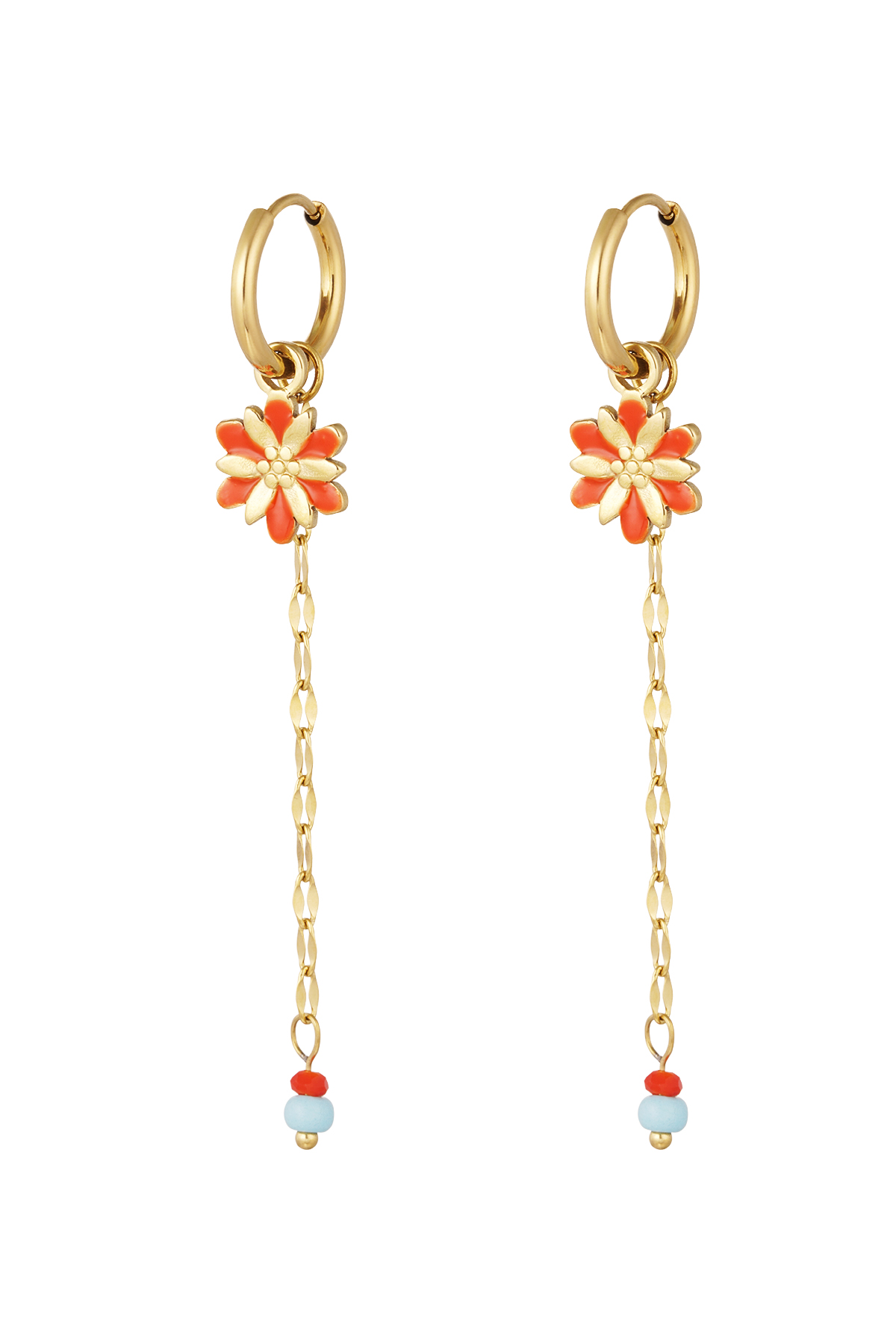 Earring flower with chain and beads red - gold