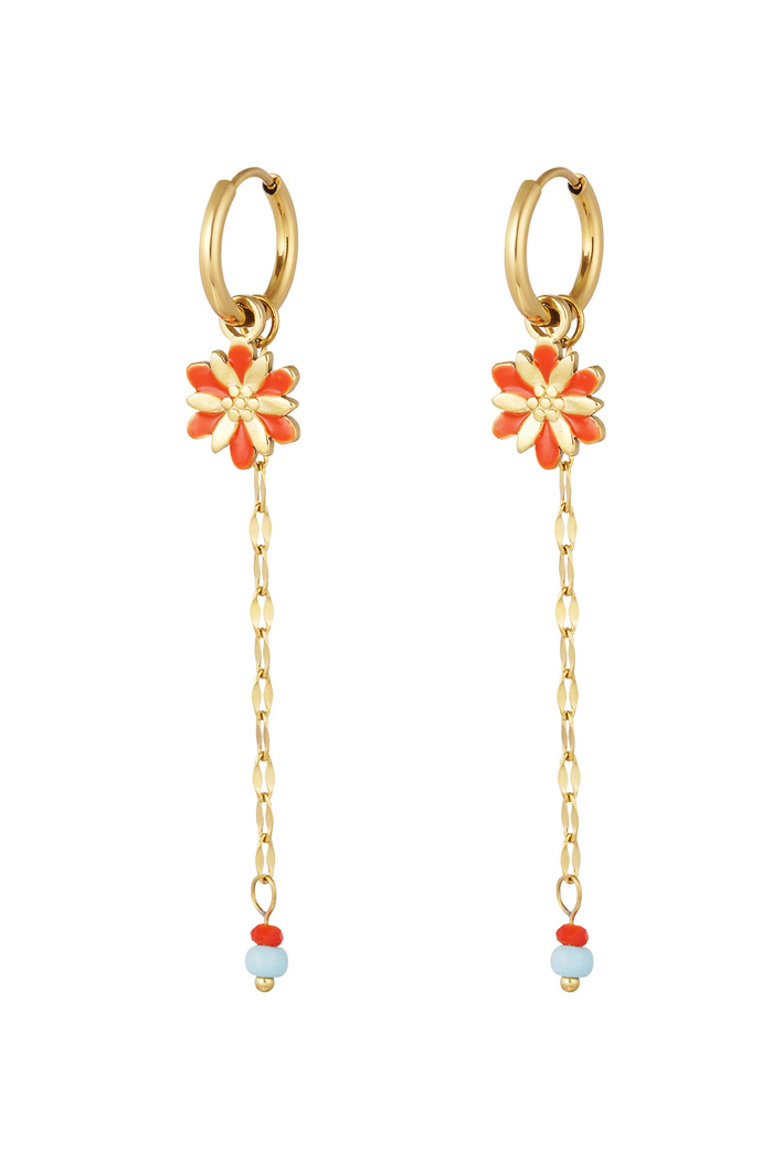 Boucle d'oreille fleur avec chaine et perles rouge - or 
