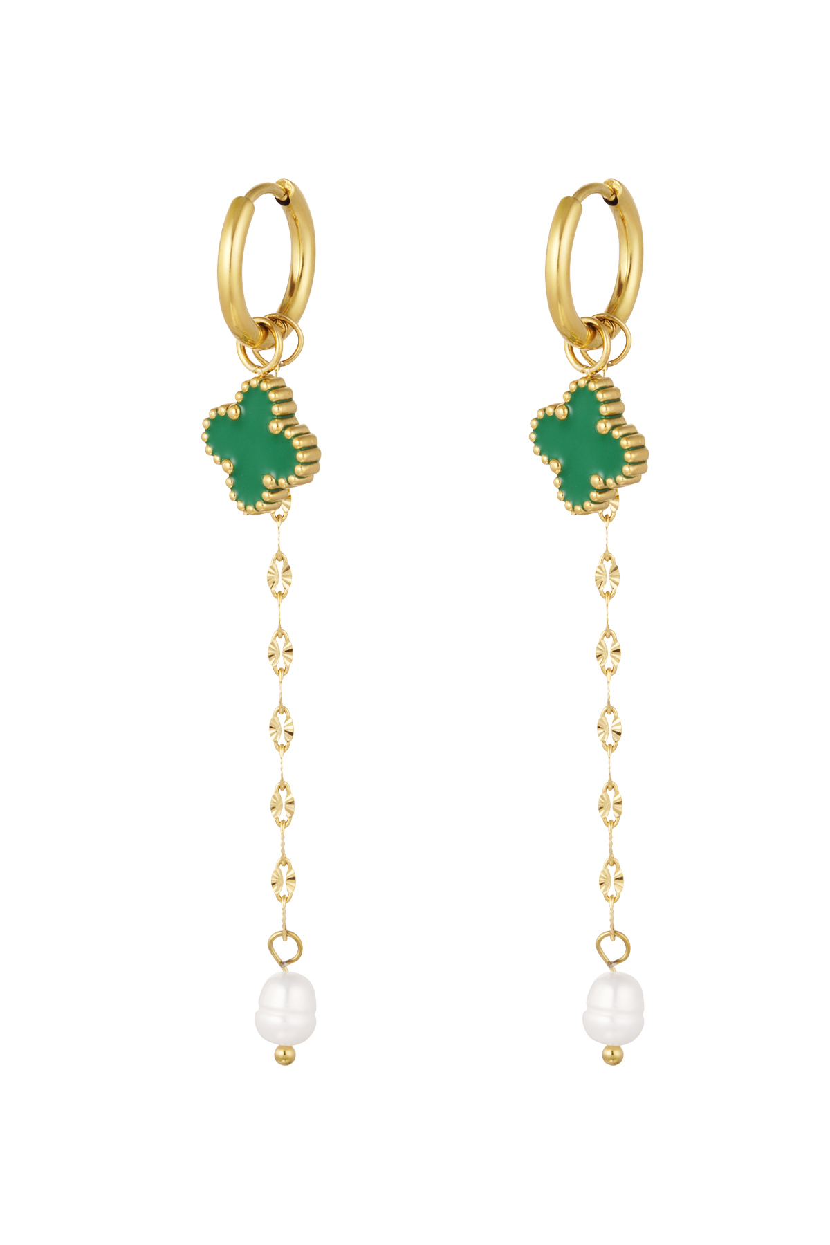 Trifoglio orecchino con catena e perla verde - oro