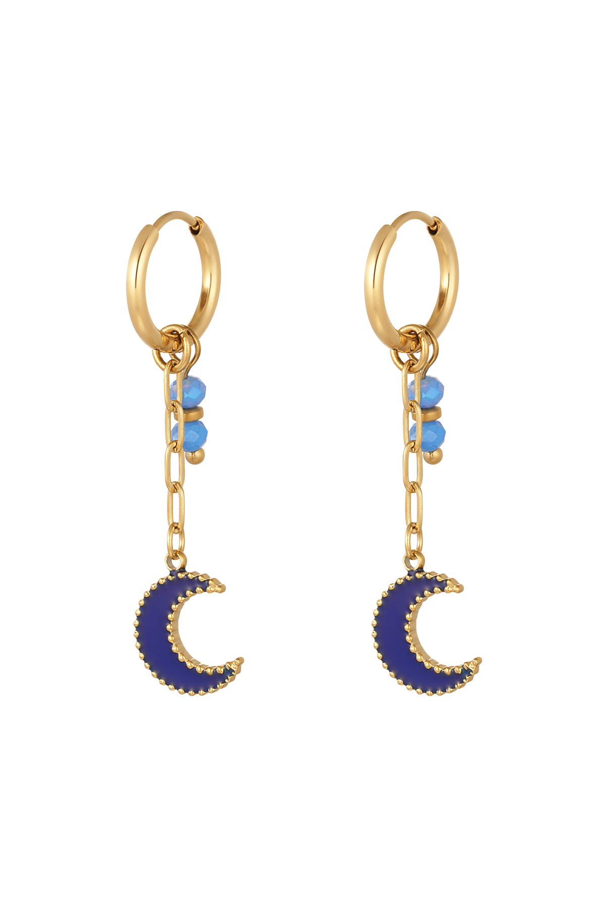 Earrings with beads and moon pendant blue - gold