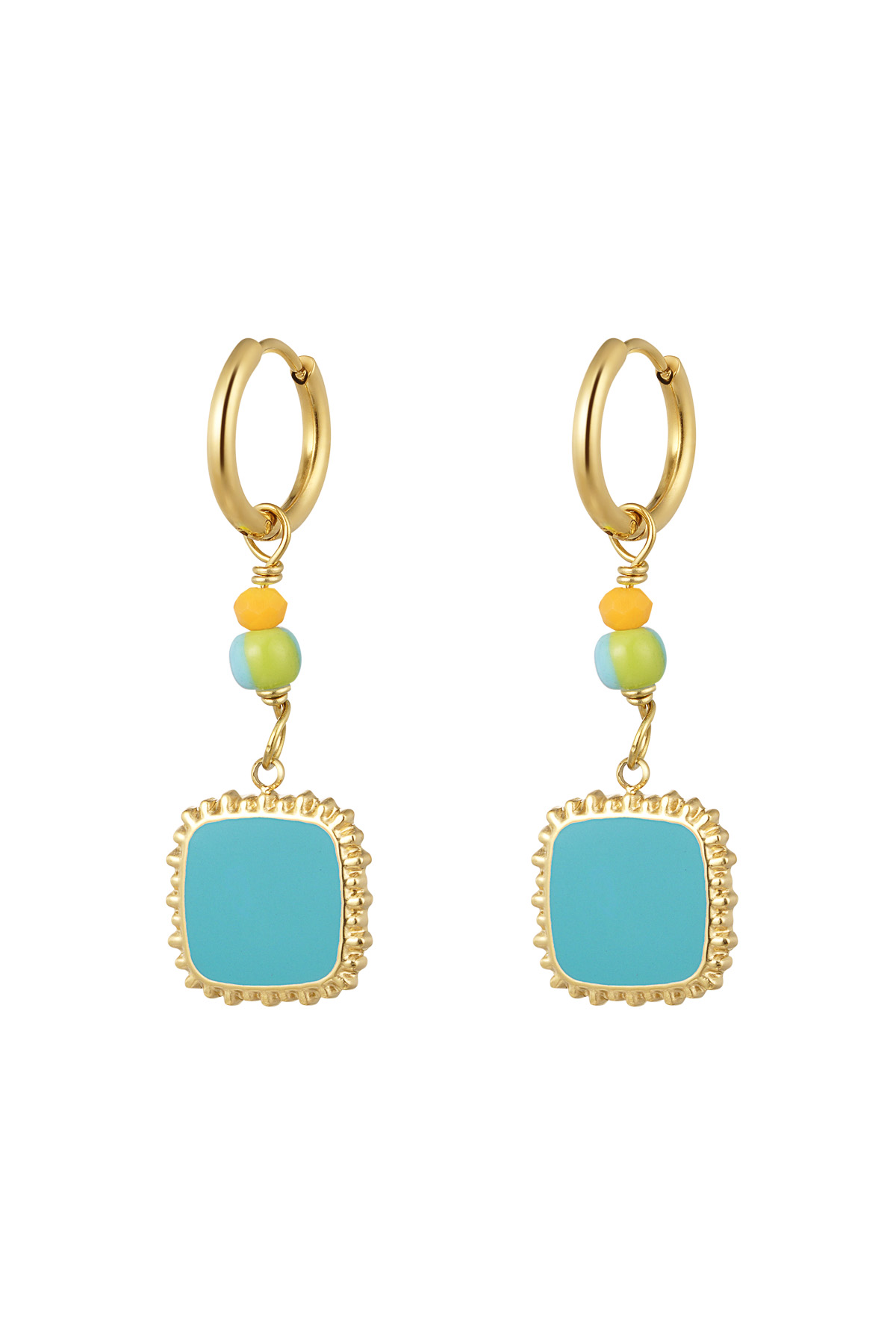 Earrings with beads and square pendant blue - gold