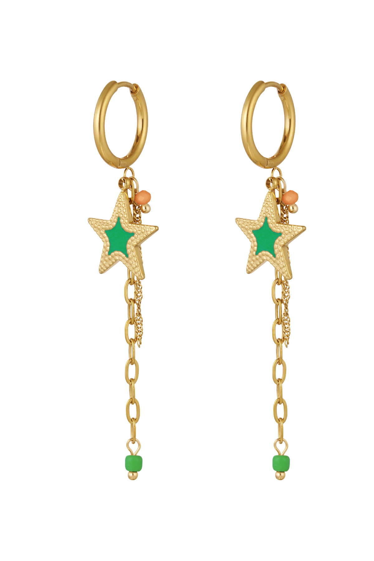 Earrings with chain and star green - gold
