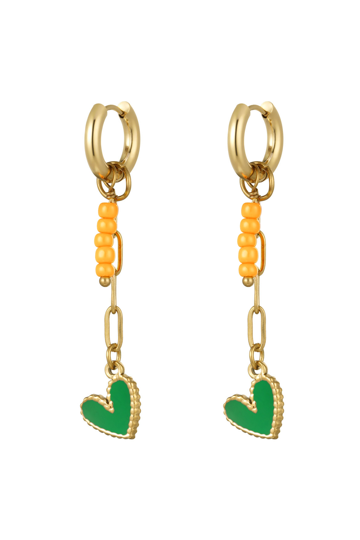 Ohrringe Halskette mit Perlen und Herz orange - grün - gold
