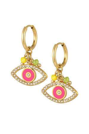 Oorbellen zirkonen & gekleurd oog - goud/roze h5 