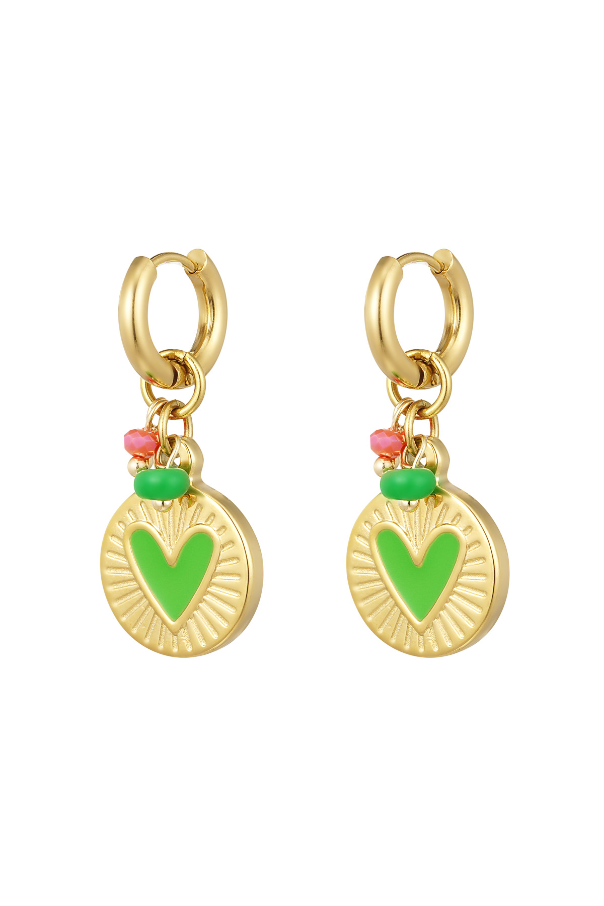 Earrings coin pendant with heart green - Gold color