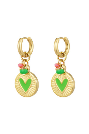 Earrings coin pendant with heart green - gold h5 