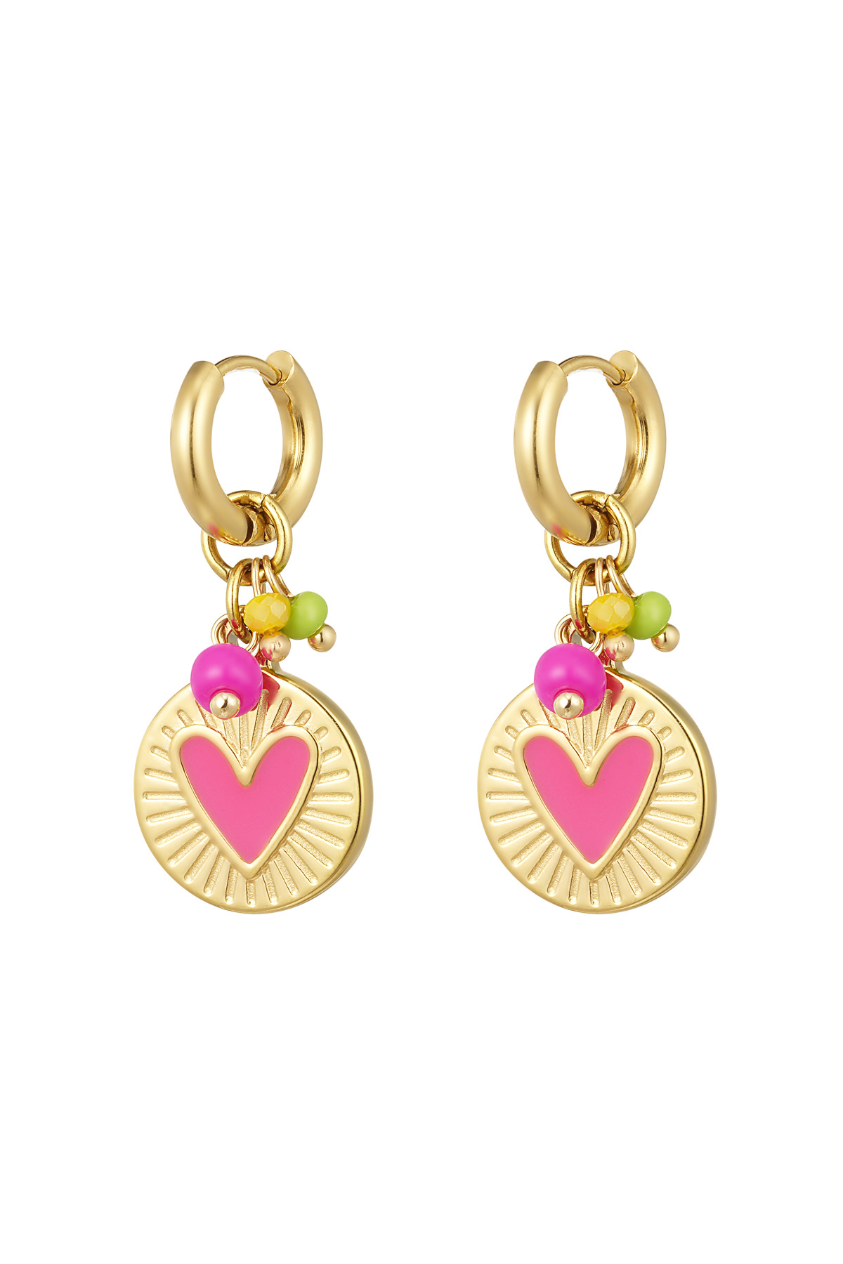Earrings coin pendant with heart pink - gold