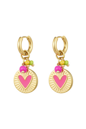 Earrings coin pendant with heart pink - gold h5 
