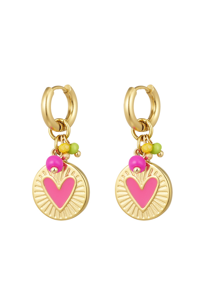 Earrings coin pendant with heart pink - gold 