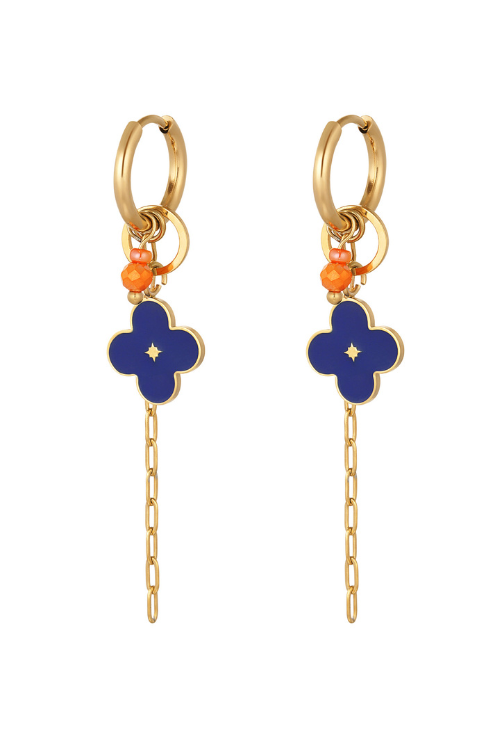 Earrings with clover and chain blue - gold 