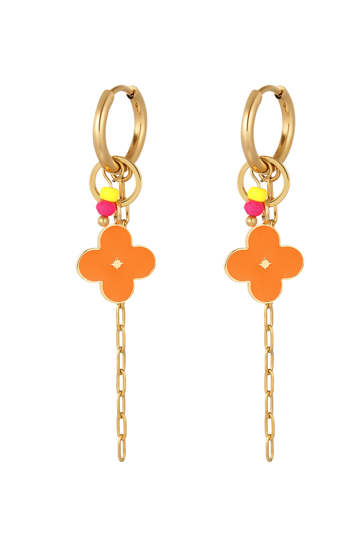 Earrings with clover and chain orange - Gold color