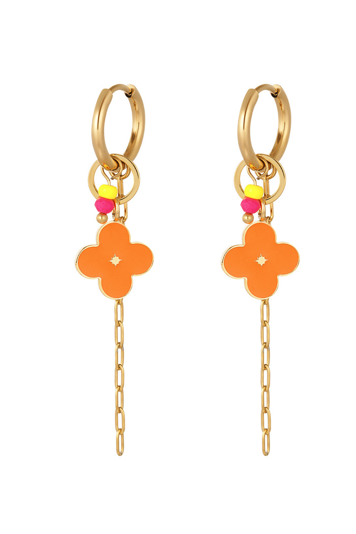 Earrings with clover and chain orange - gold 