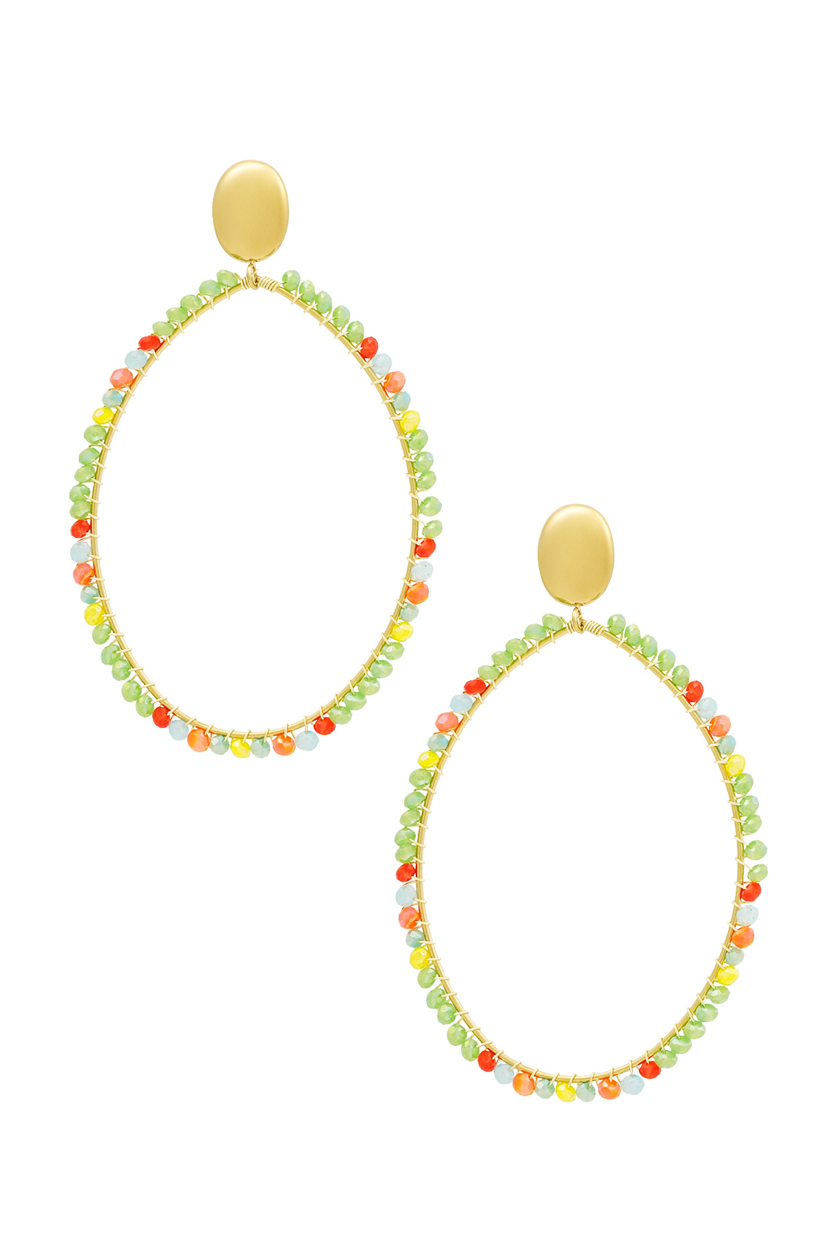Orecchini pendenti ovali grandi con perline verde - oro 