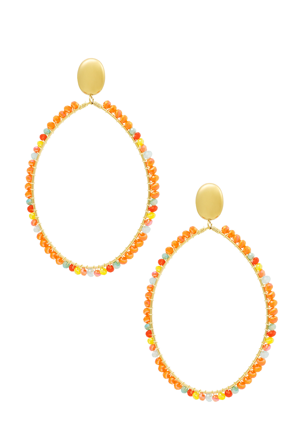 Boucles d'oreilles pendentif ovale grand avec perles orange - or h5 