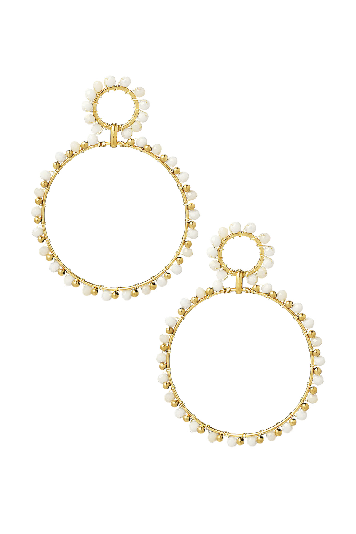 Earrings double beaded circles - Gold color/white 2