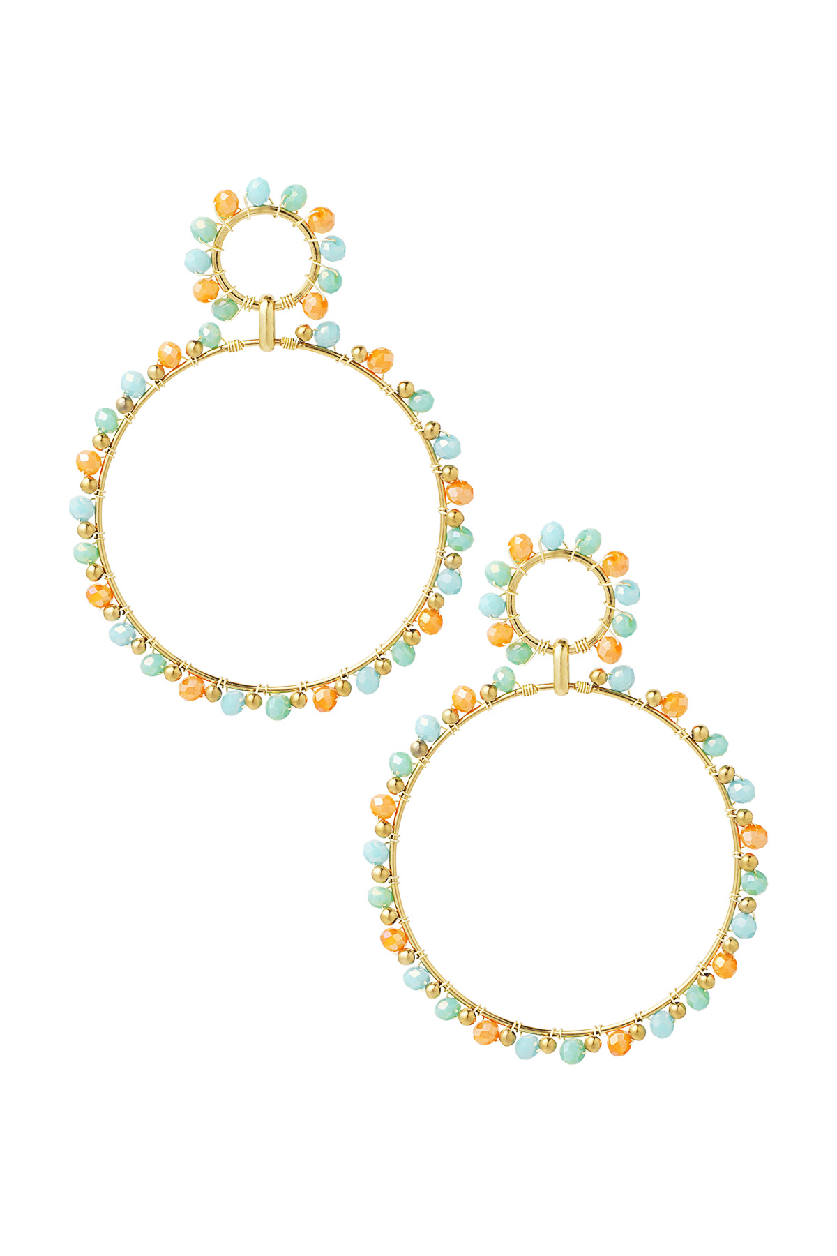 Earrings double beaded circles - Gold color/blue/orange 2