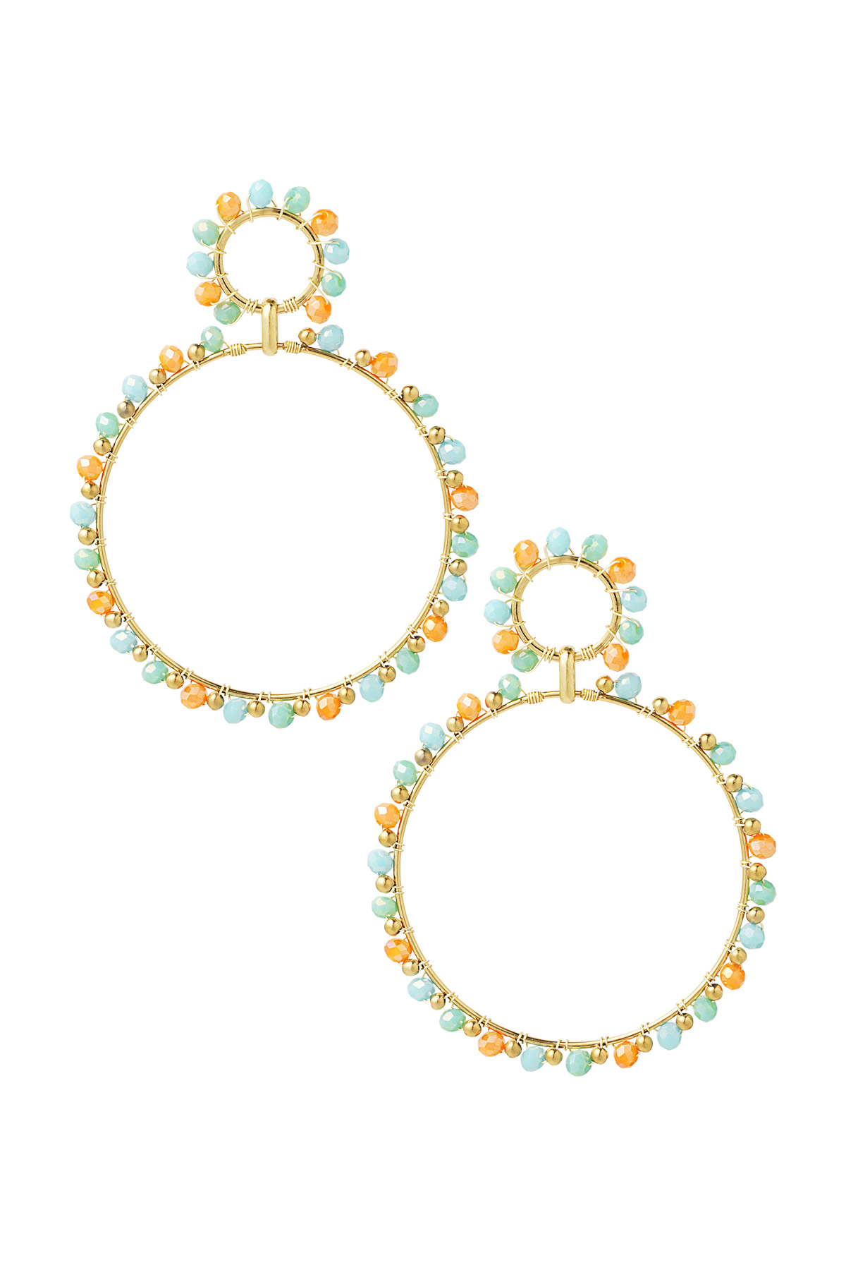 Oorbellen dubbele kralen rondjes - goud/blauw/oranje 